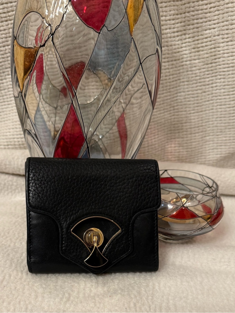 BVLGARI Divas' Dream Compact Tri-Fold Wallet Leather Black Pink